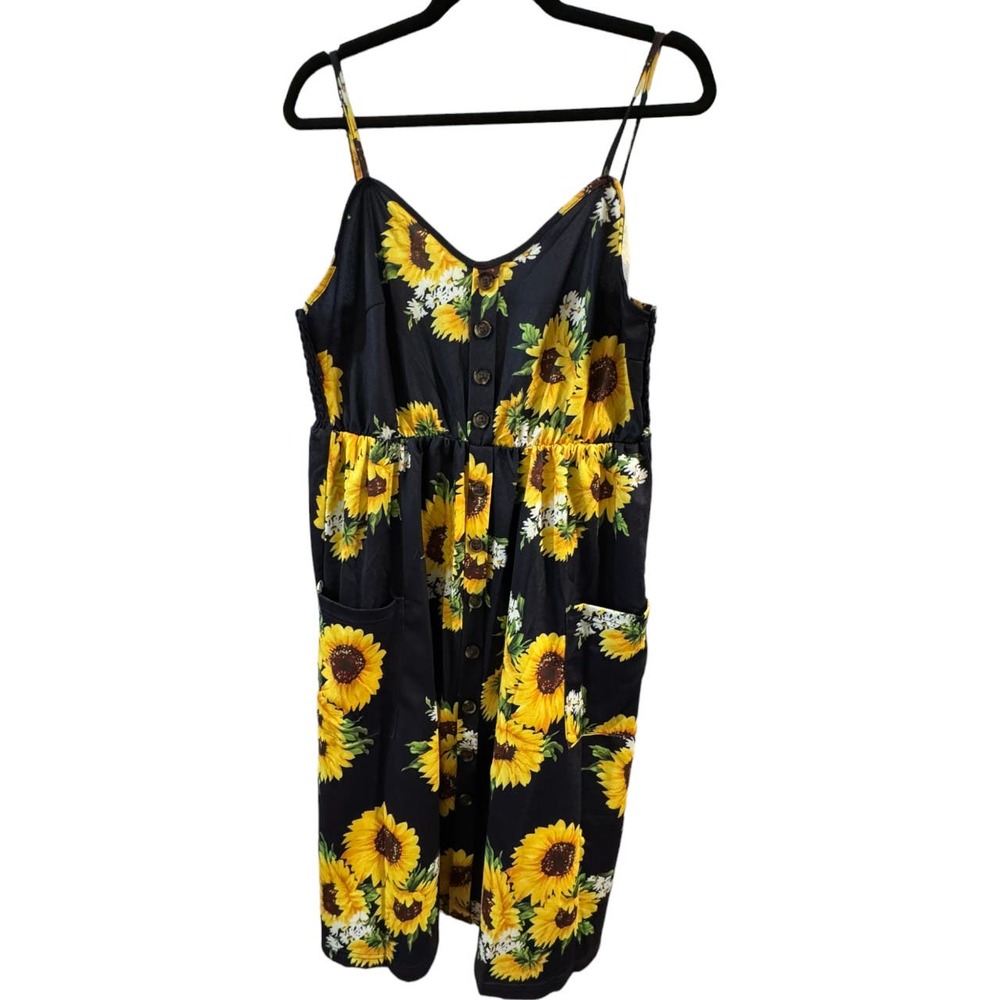 Womens XXLarge Sunflower Black Yellow Sundress Summer Festival Maxi Slip Dress